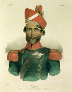 A Sepoy: en indisk soldat i den franske bataljonen ved Pondicherry, gravert av Racinet